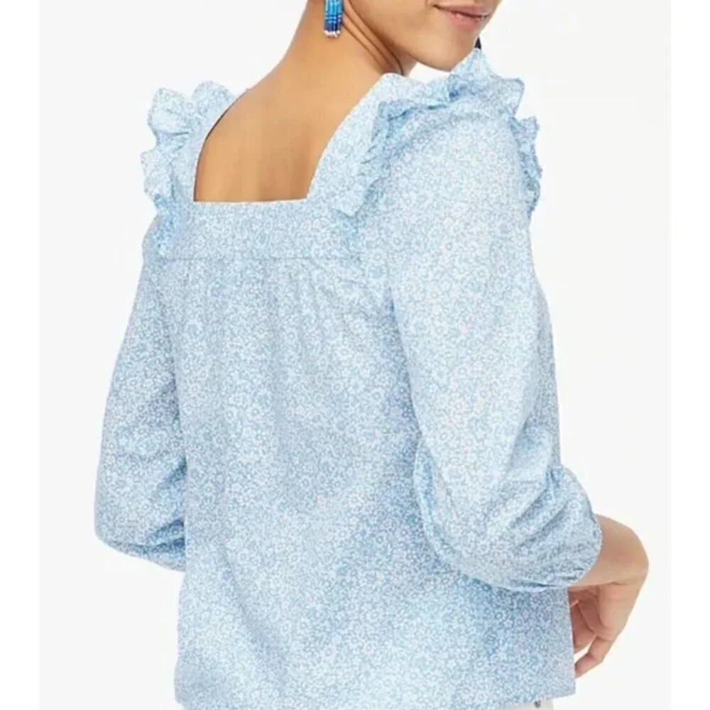 New J Crew Size 2X Square neck ruffle top Blue/White SU23 *Stain* - Picture 7 of 13